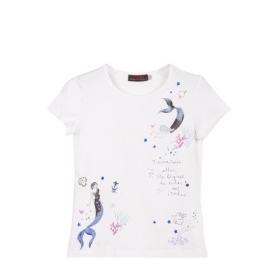 T-shirt branca com estampado de sereias e elementos marinhos em azul e rosa