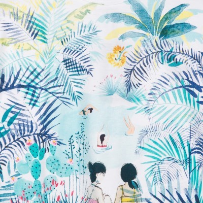 Padrão de tecido com folhas tropicais, cactos e figuras de pessoas na água