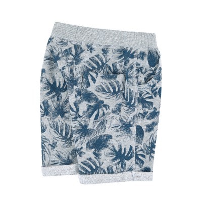 Calções infantis em tecido cinzento com padrão azul de folhas