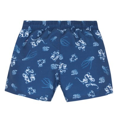Calções de banho azuis com padrão de polvos brancos e azuis