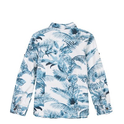 Casaco com padrão de folhagem azul em fundo branco