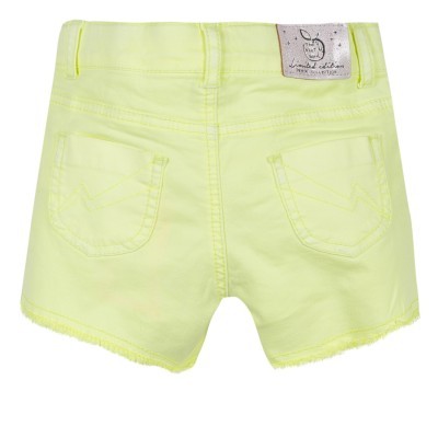 Calções amarelos fluorescentes para criança com bolsos e etiqueta na cintura