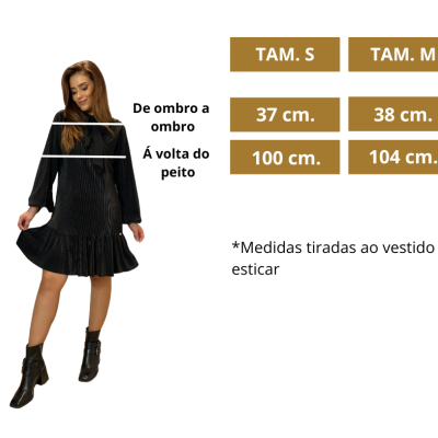 Mulher com vestido preto e quadro com medidas de tamanhos S e M em português