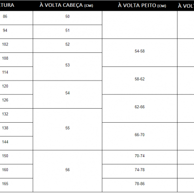 Tabela de tamanhos infantis com medidas de altura, cabeça, peito e quadril para crianças entre 2 e 16 anos