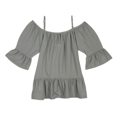 Blusa feminina cinza com mangas 3/4 franzidas e alças ajustáveis