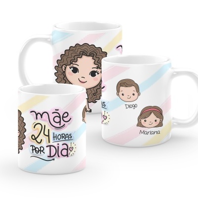 Caneca "Mãe 24H por dia" c/ bonecos personalizados  Caneca "Mãe 24H por dia" c/ bonecos personalizados