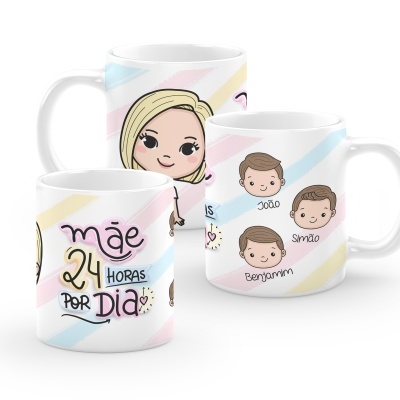 Caneca "Mãe 24H por dia" c/ bonecos personalizados  Caneca "Mãe 24H por dia" c/ bonecos personalizados