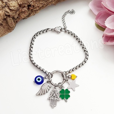 Pulseira em corrente com amuletos da sorte e protecção