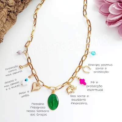 Fio em corrente com amuletos e medalha Nossa Senhora das Graças