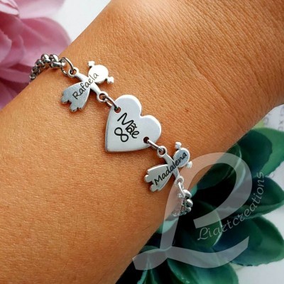 Pulseira c/ coração mãe + silhuetas personalizadas c/ nome
