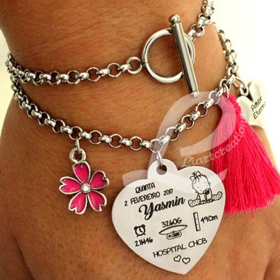 Pulseira 2 voltas em corrente e coração gravado c/ dados de nascimento