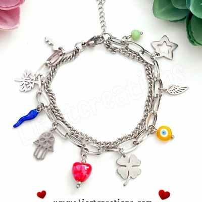 Pulseira em corrente dupla com amuletos