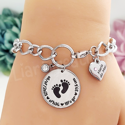 Pulseira em corrente grossa personalizada com dados de nascimento