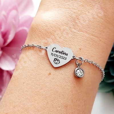 Pulseira em aço inoxidável "nome + data + carinha de bebé"