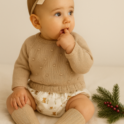 Conjunto de malha com camisola e tapa-fraldas Bege