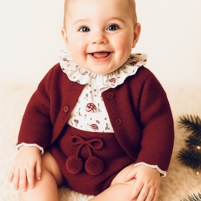 Conjunto de malha com casaco, camisa e tapa-fraldas com pompom Vermelho