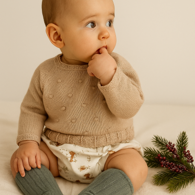 Conjunto de malha com camisola e tapa-fraldas Bege