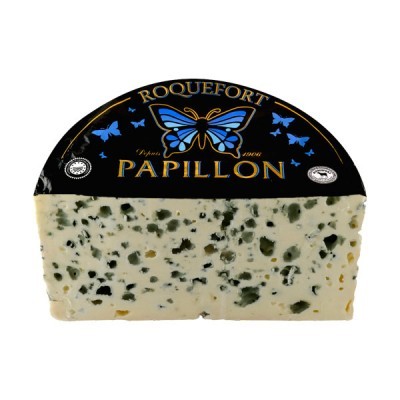 Queijo Roquefort Papillon com embalagem preta e desenho de borboleta azul