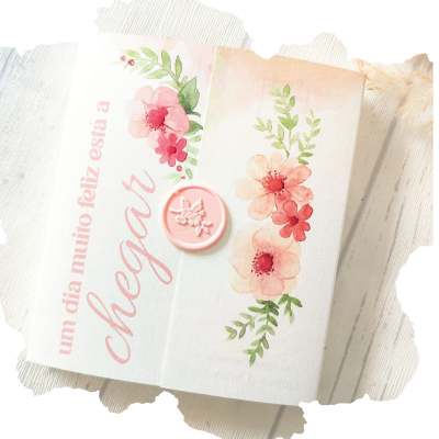 Convite decorativo com flores rosa e selo de lacre rosa
