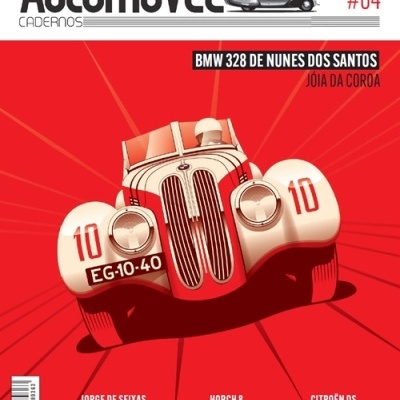 Capa de revista com ilustração de automóvel BMW 328 em vermelho e branco