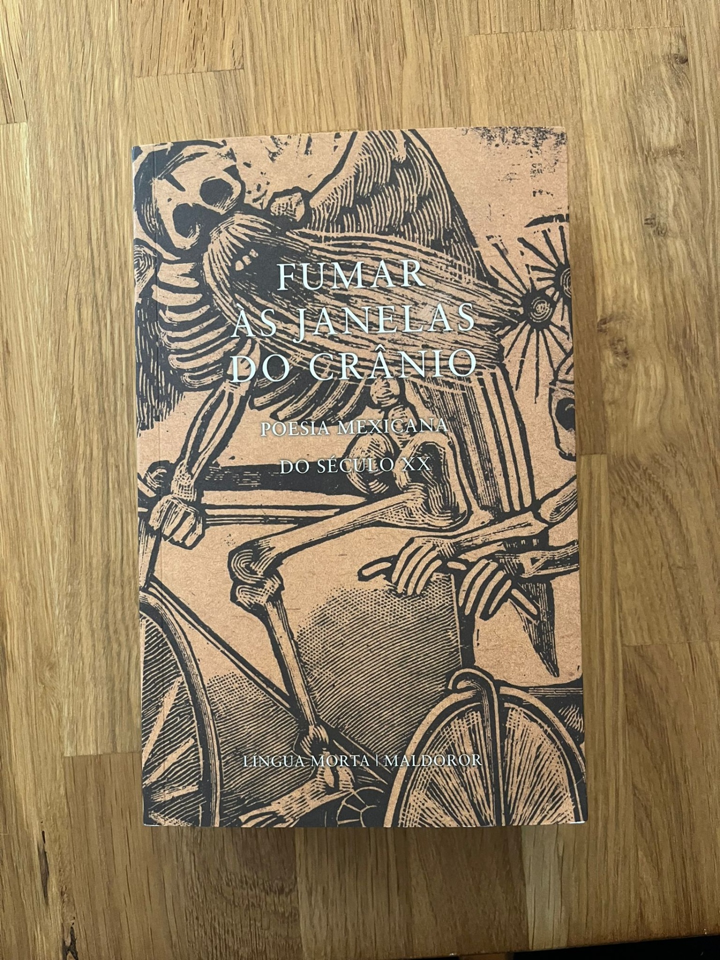 Fumar às Janelas do Crânio - Poesia Mexicana do Século XX Capa de livro castanha com esqueletos a andar de bicicleta e texto em branco
