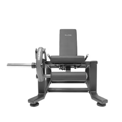 Máquina de exercício para treino de pernas com assento cinzento e estrutura preta