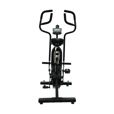 Bicicleta estática preta com guiadores e ecrã digital