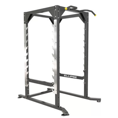 Estrutura metálica preta para exercícios com suportes brancos e barra superior para puxar