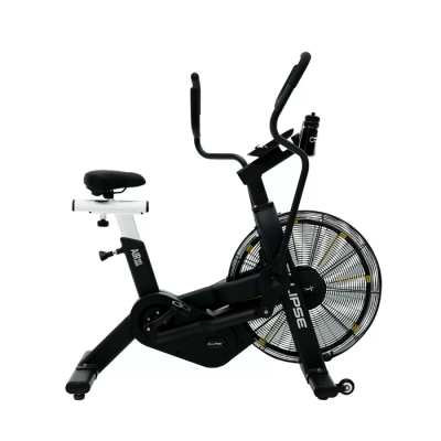 Bicicleta de exercício preta com volante de ar e assento ajustável