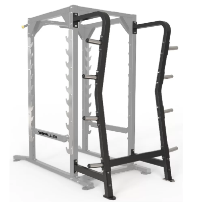 Estrutura metálica preta para pesos com suportes para discos