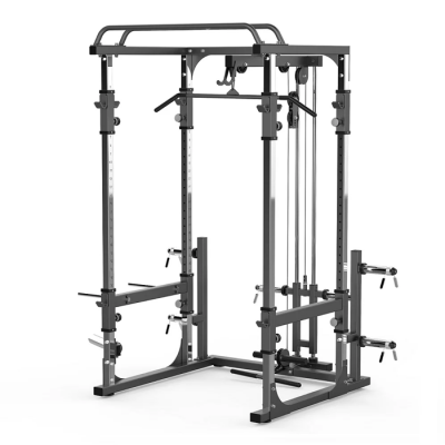 Equipamento de ginásio multifunções cinzento com barras e polias