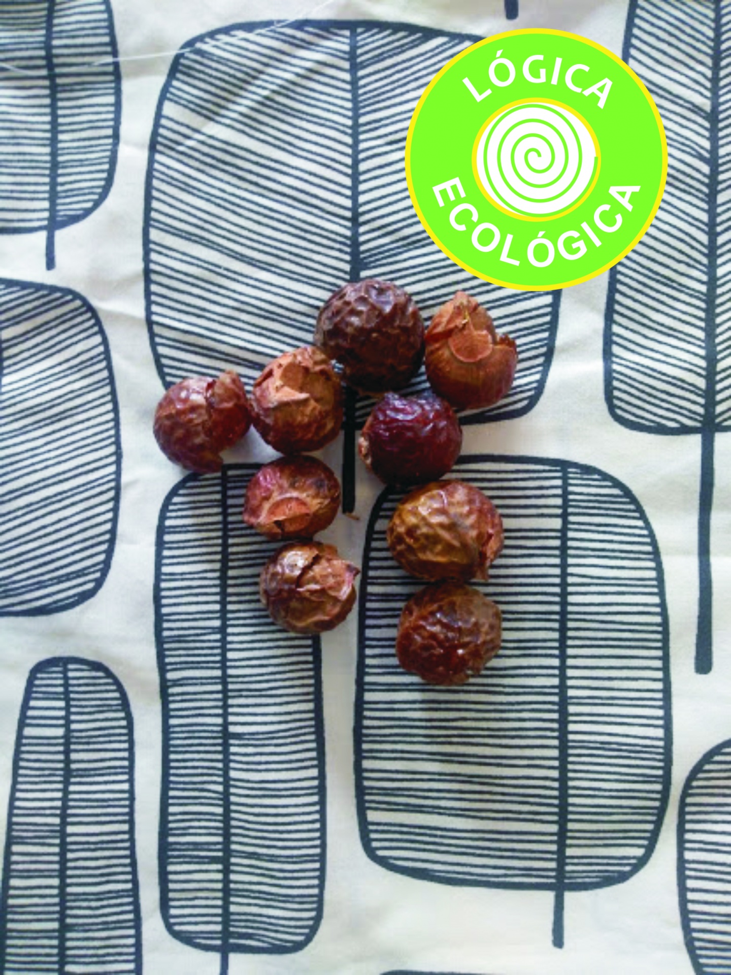 Bolotas castanhas secas sobre tecido branco com padrão de folhas azuis e selo LÓGICA ECOLÓGICA