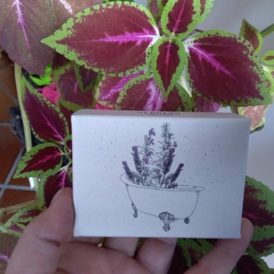 Caixa branca com ilustração de banheira com ervas e folhas de plantas verdes e vermelhas ao fundo