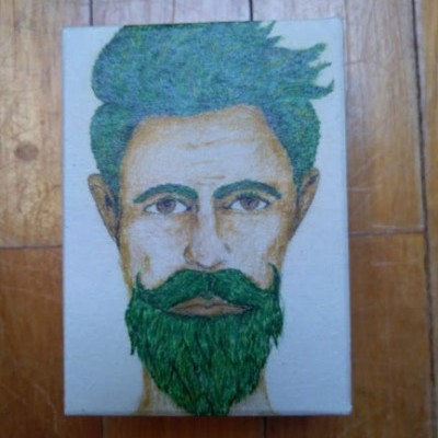 Pintura de rosto masculino com cabelo e barba verdes em quadro pequeno