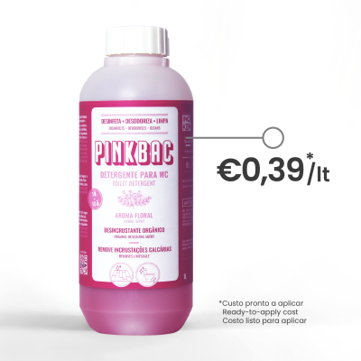 Frasco de detergente para WC rosa PINKBAC com etiqueta detalhada e preço ao lado €0,39/lt