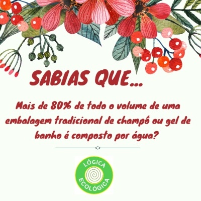 Cartaz com flores decorativas, texto informativo sobre champô e selo ecológico