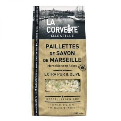 Embalagem de paillettes de sabão de Marselha extra puro com azeite La Corvette
