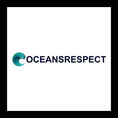 Logótipo com forma circular azul e verde e texto OCEANSRESPECT