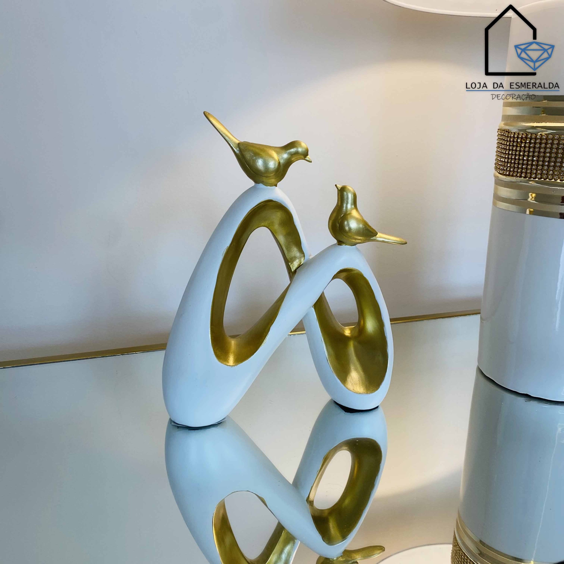 Peça Decorativa - Pássaros - Dourado e Branco - 18x5x22 CM