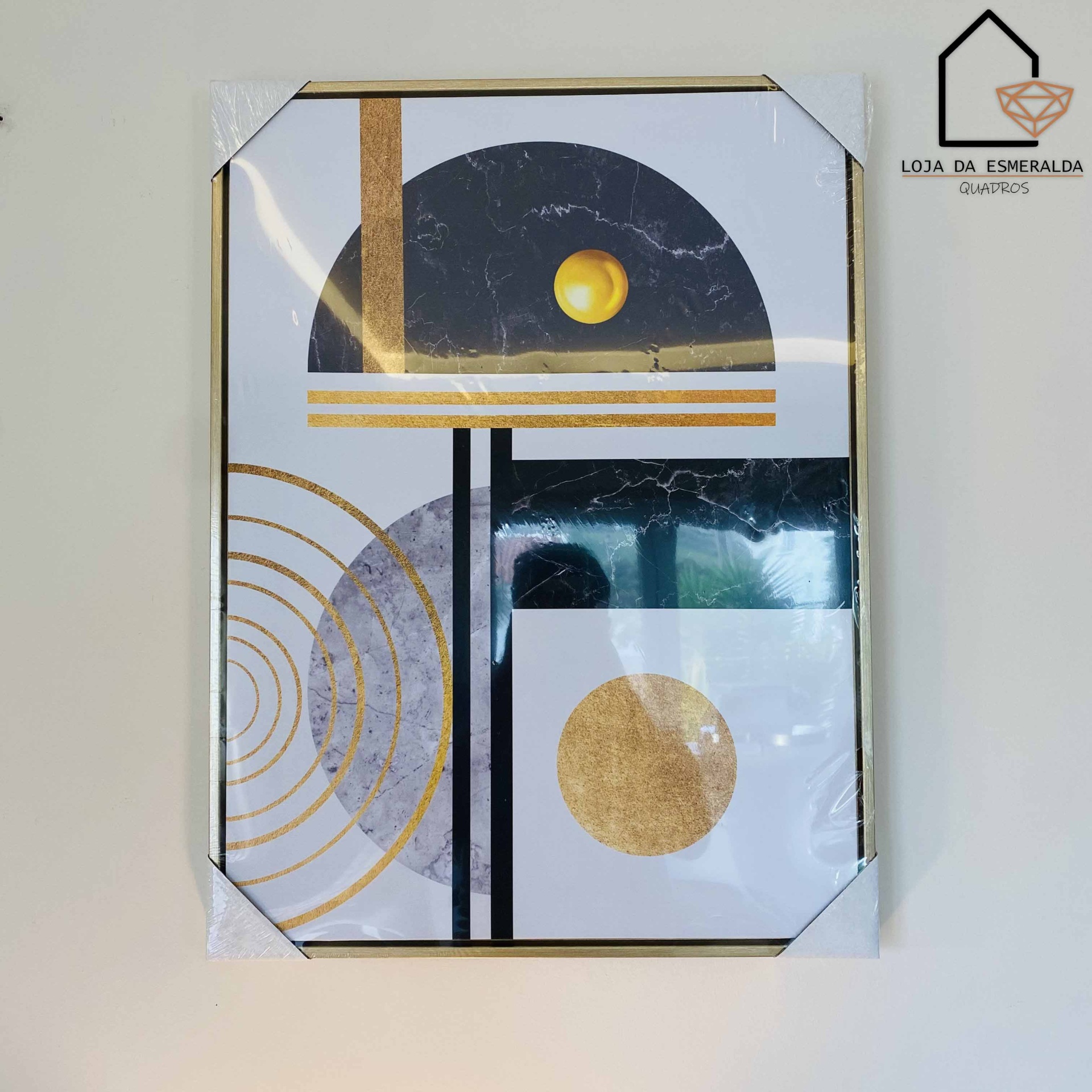 quadro decorativo geométrico preto dourado branco