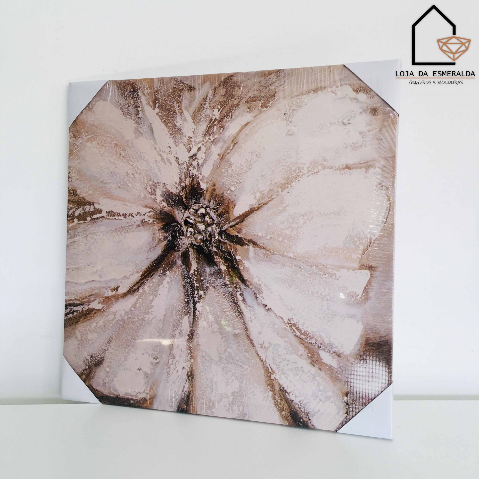 quadro decorativo com pintura abstrata de flor em tons bege e castanho