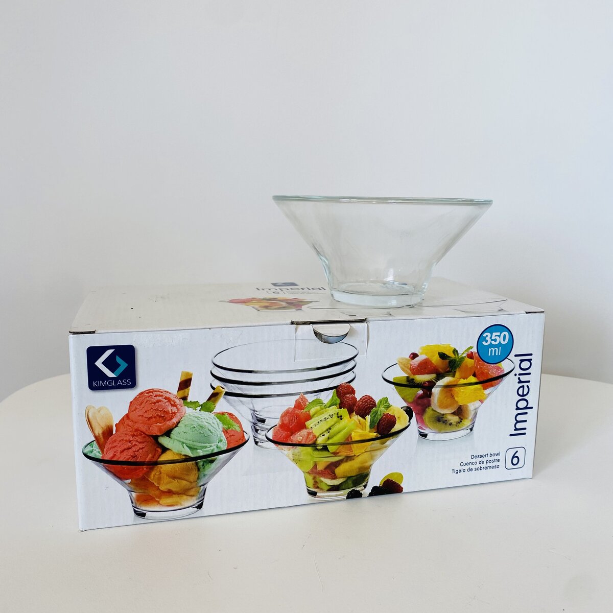 Taças de vidro transparentes para sobremesa, 350 ml, embalagem branca com imagens coloridas