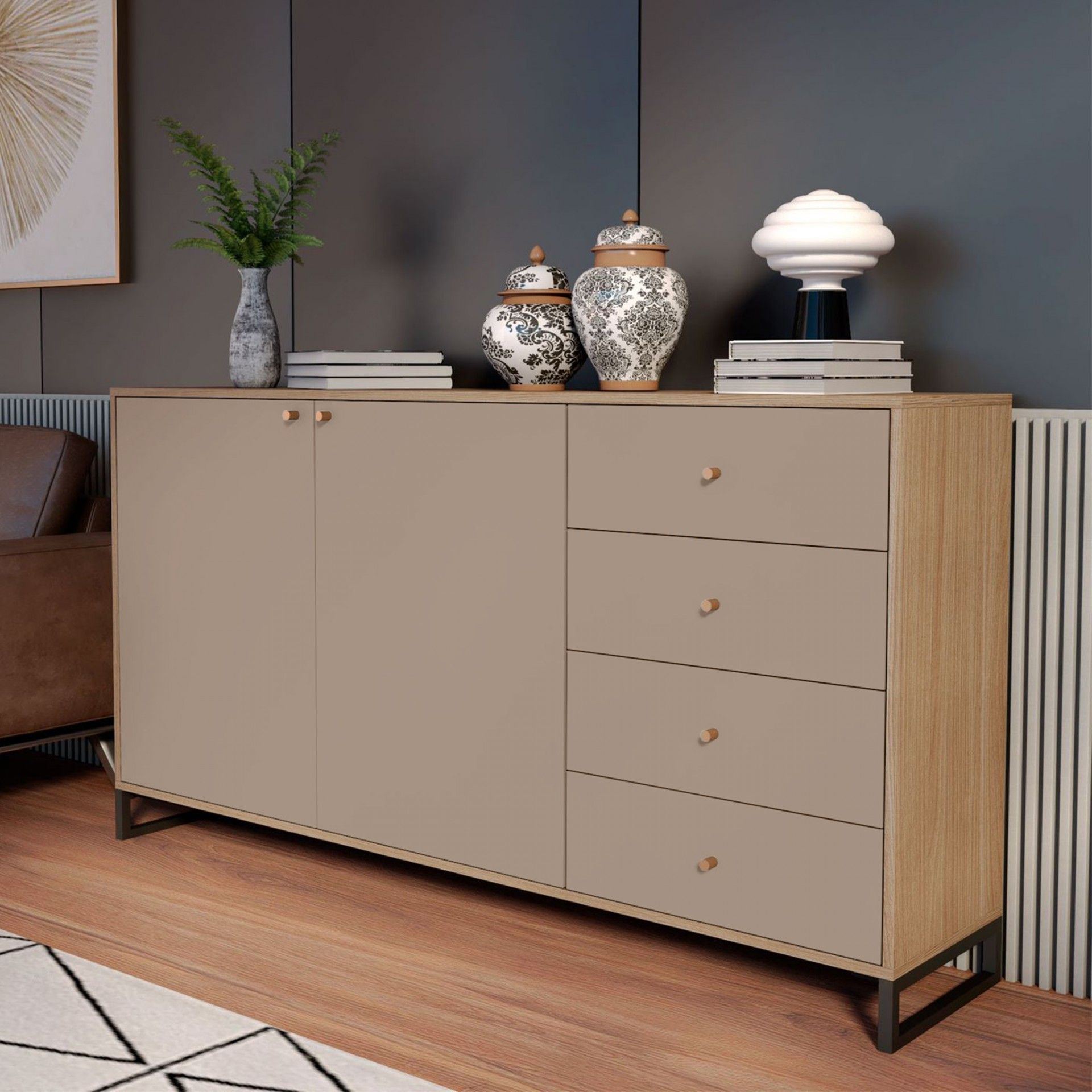 Aparador  Amsterdam (2 Portas + 4 Gavetas) | Madeira | 160x35x86CM Nogueira/Creme