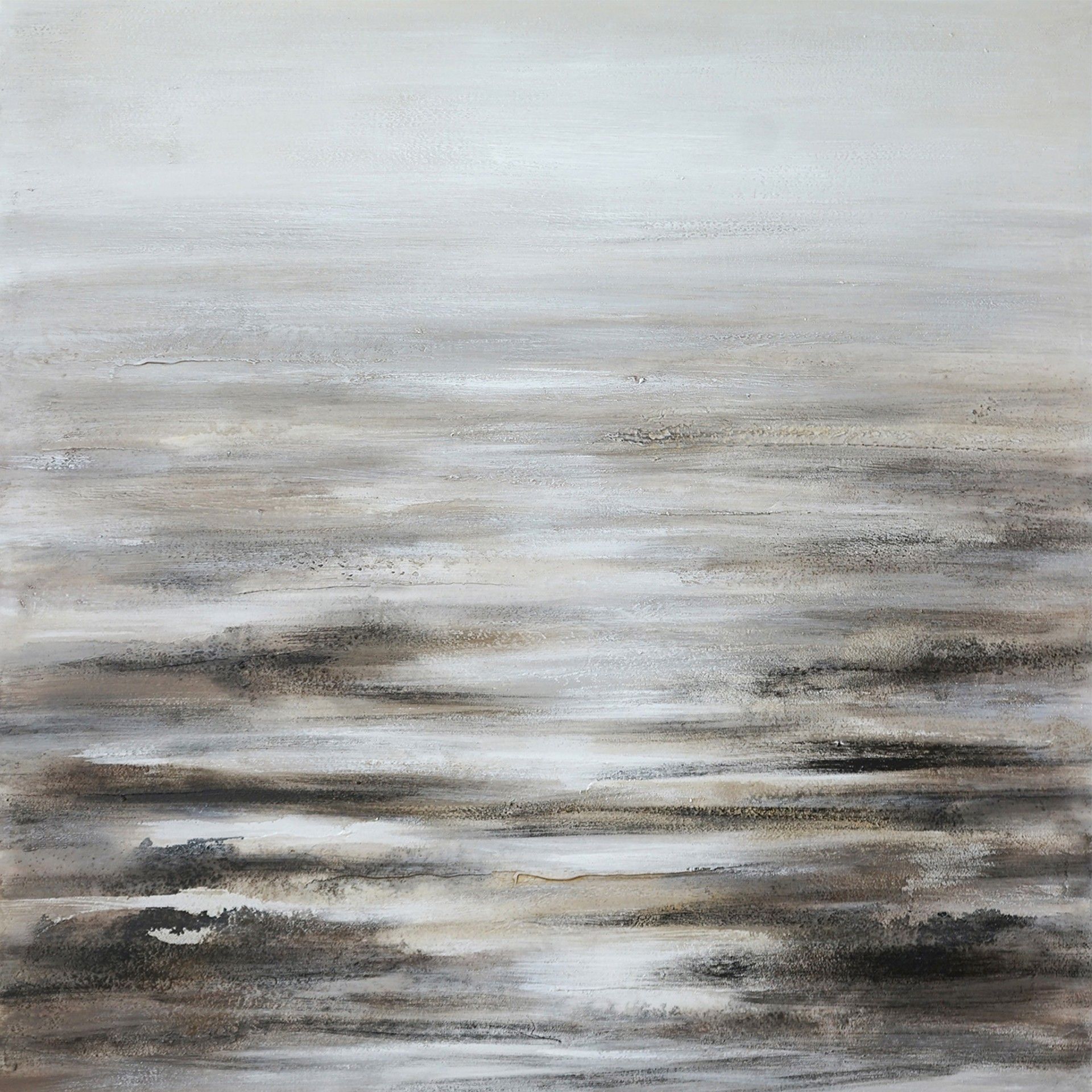 Quadro abstrato em tons de cinza, branco e preto com texturas horizontais