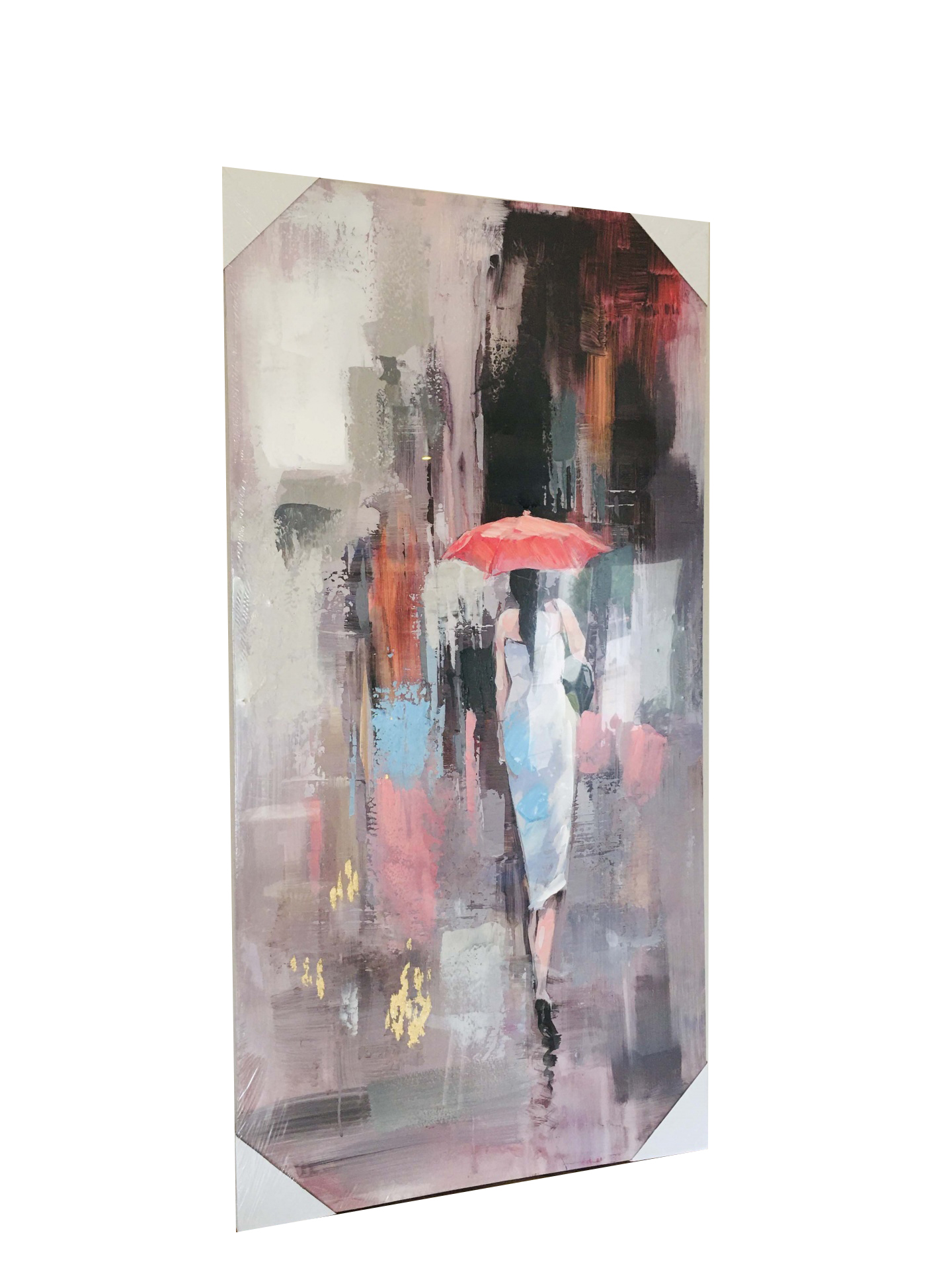 Quadro decorativo abstrato com figura feminina e guarda-chuva vermelho