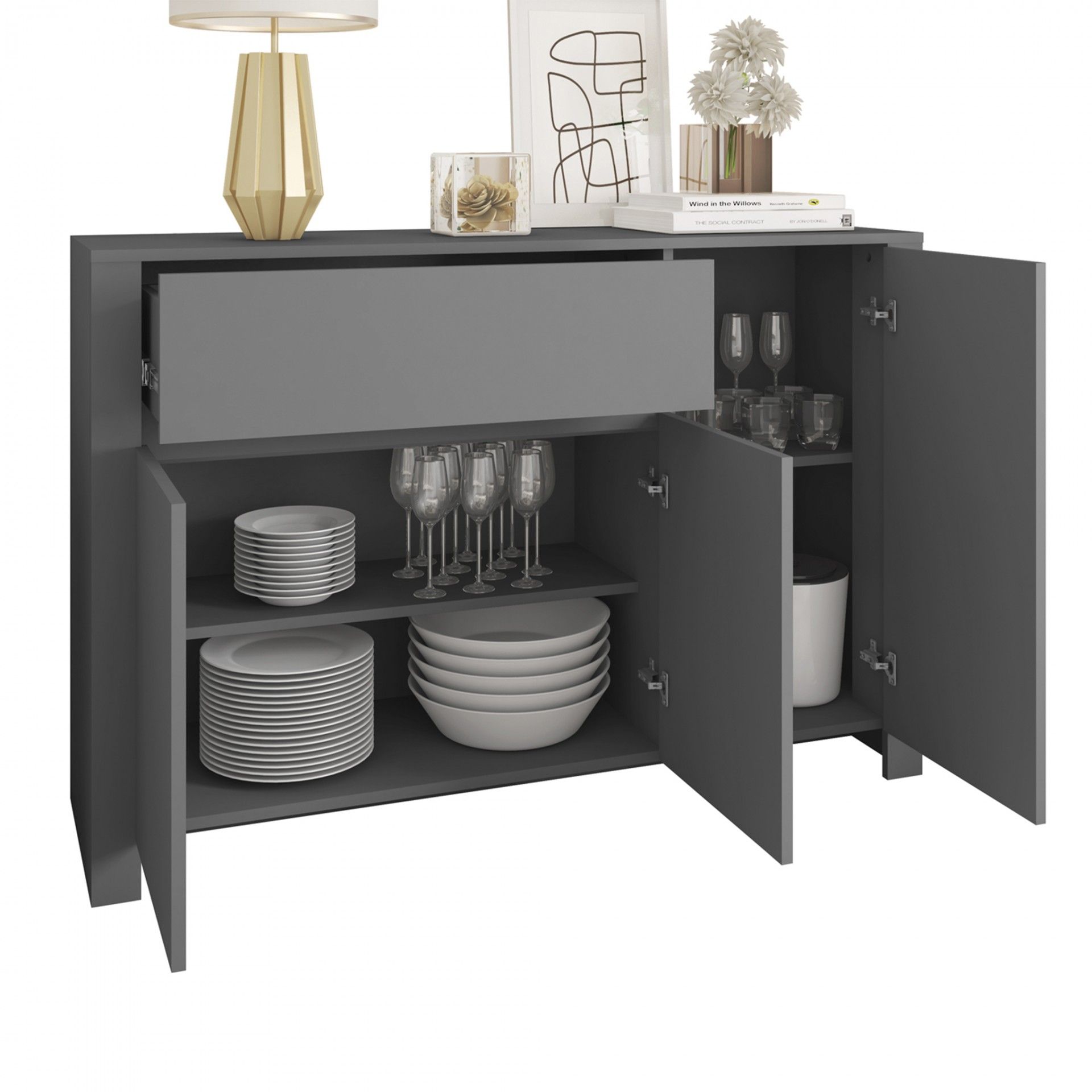 Aparador Cinza (3 Portas + 1 Gavetas) | Madeira | 120x82x38CM