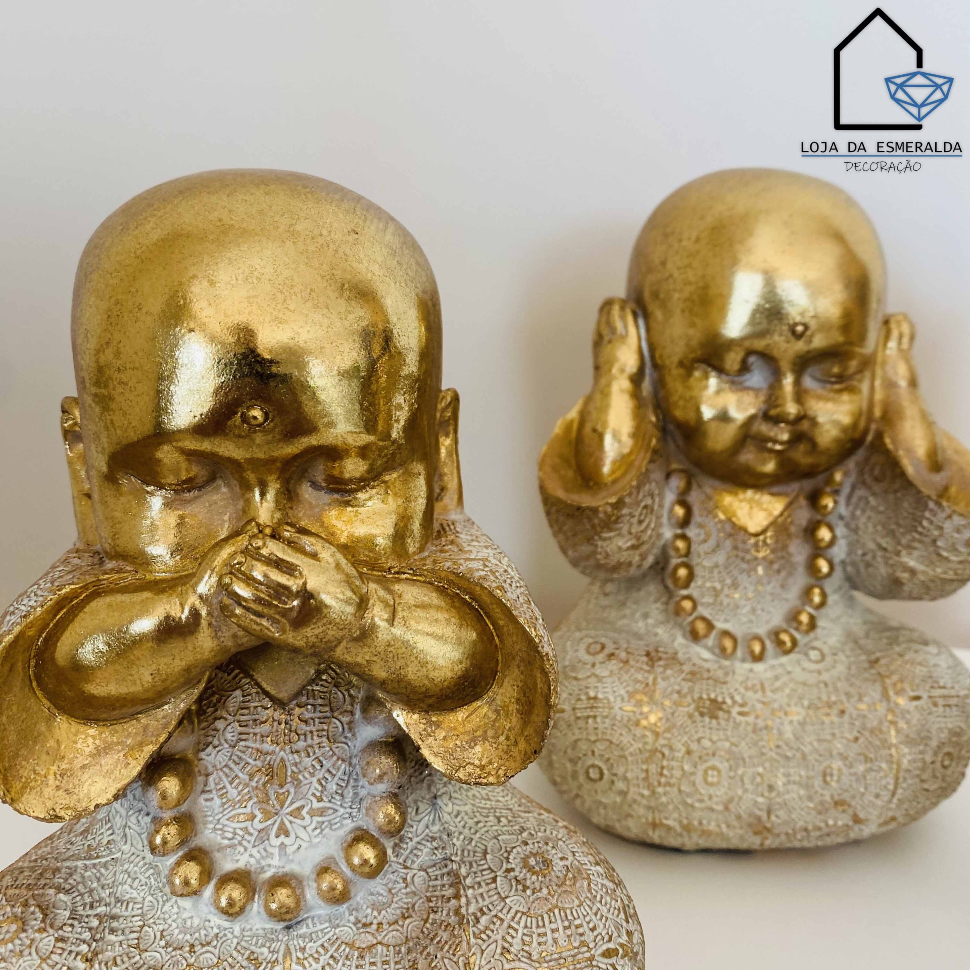 Conjunto 3 Monges Cego Surdo e Mudo Dourado 12x10x18CM