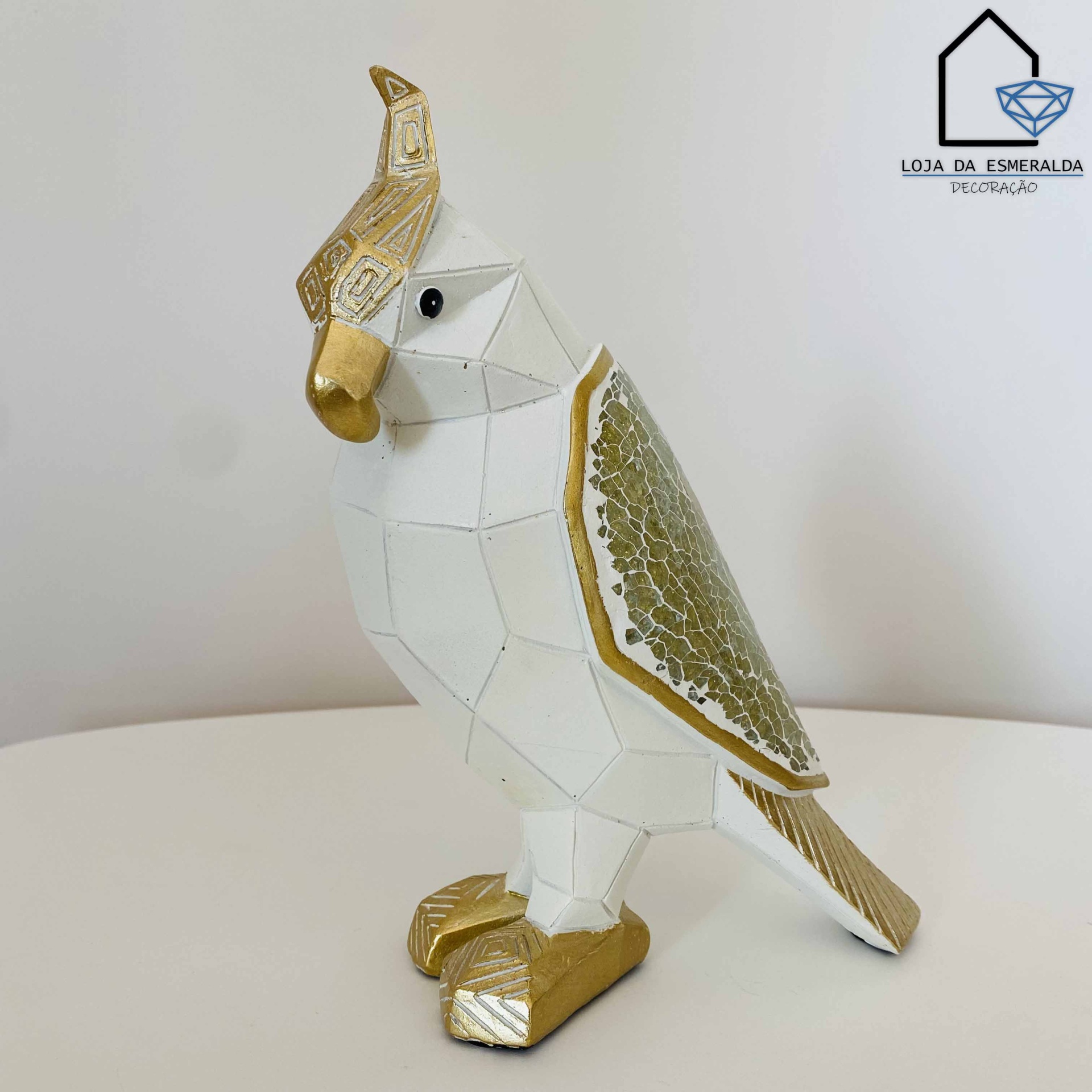 Pássaro Decorativo em Branco e Dourado