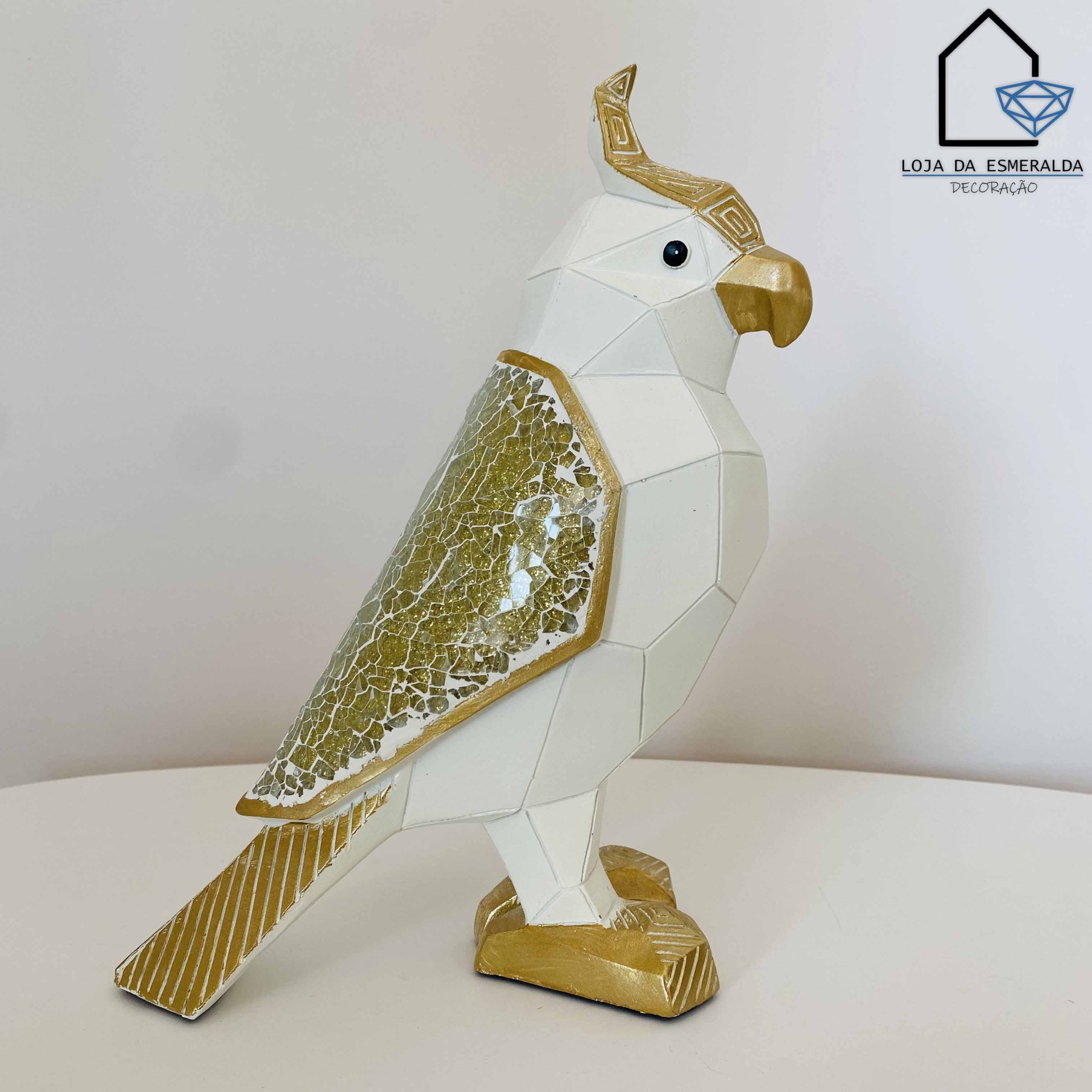 Pássaro Decorativo em Branco e Dourado