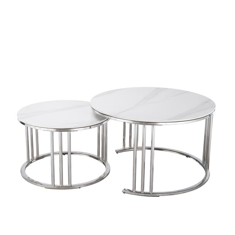 Conj Mesas de Apoio - INOX Prateado Mármore - C80xL80xA48 / C60xL60xA42cm